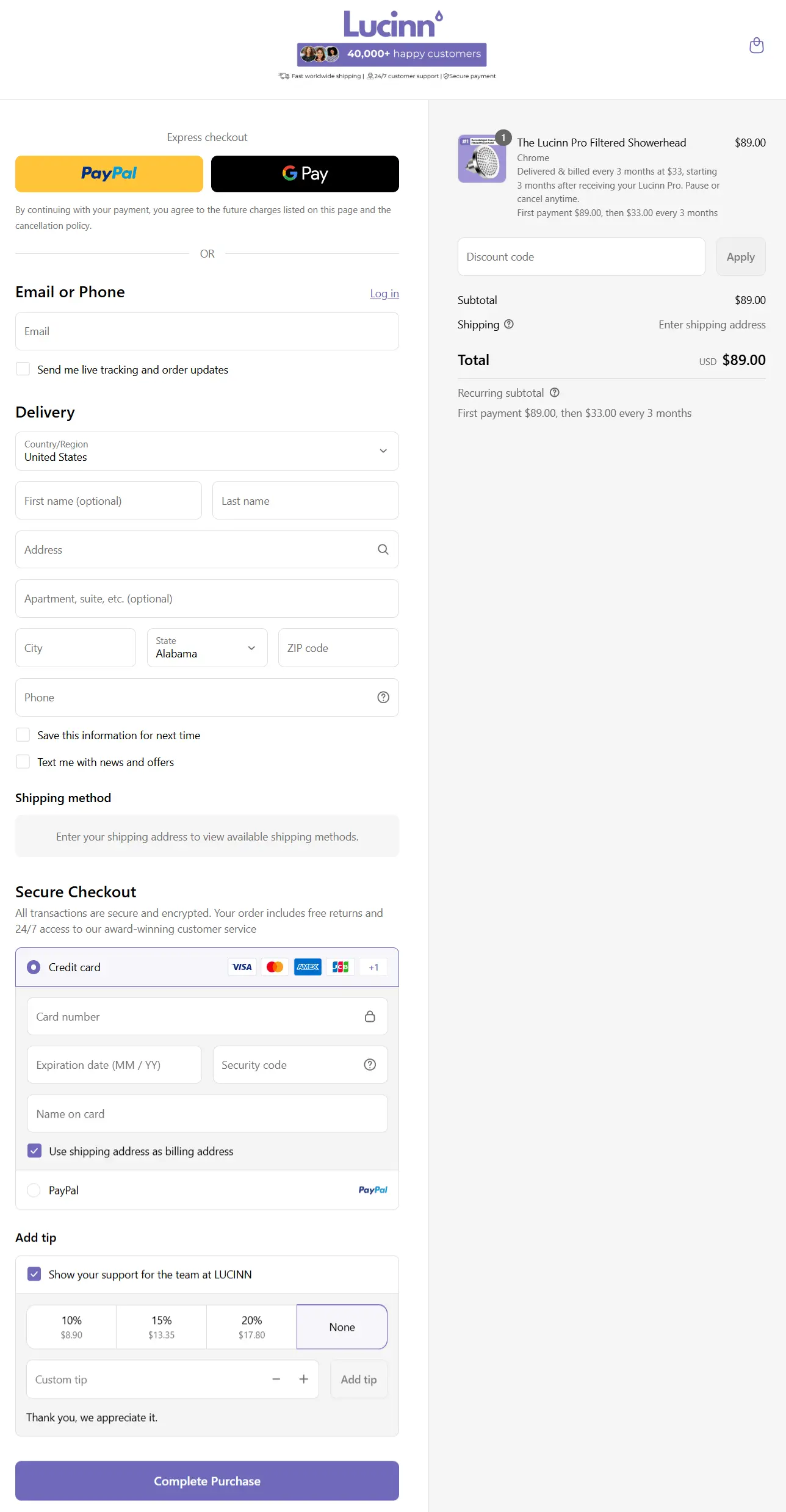 Lucinn Pro Filtered Showerhead secure checkout page